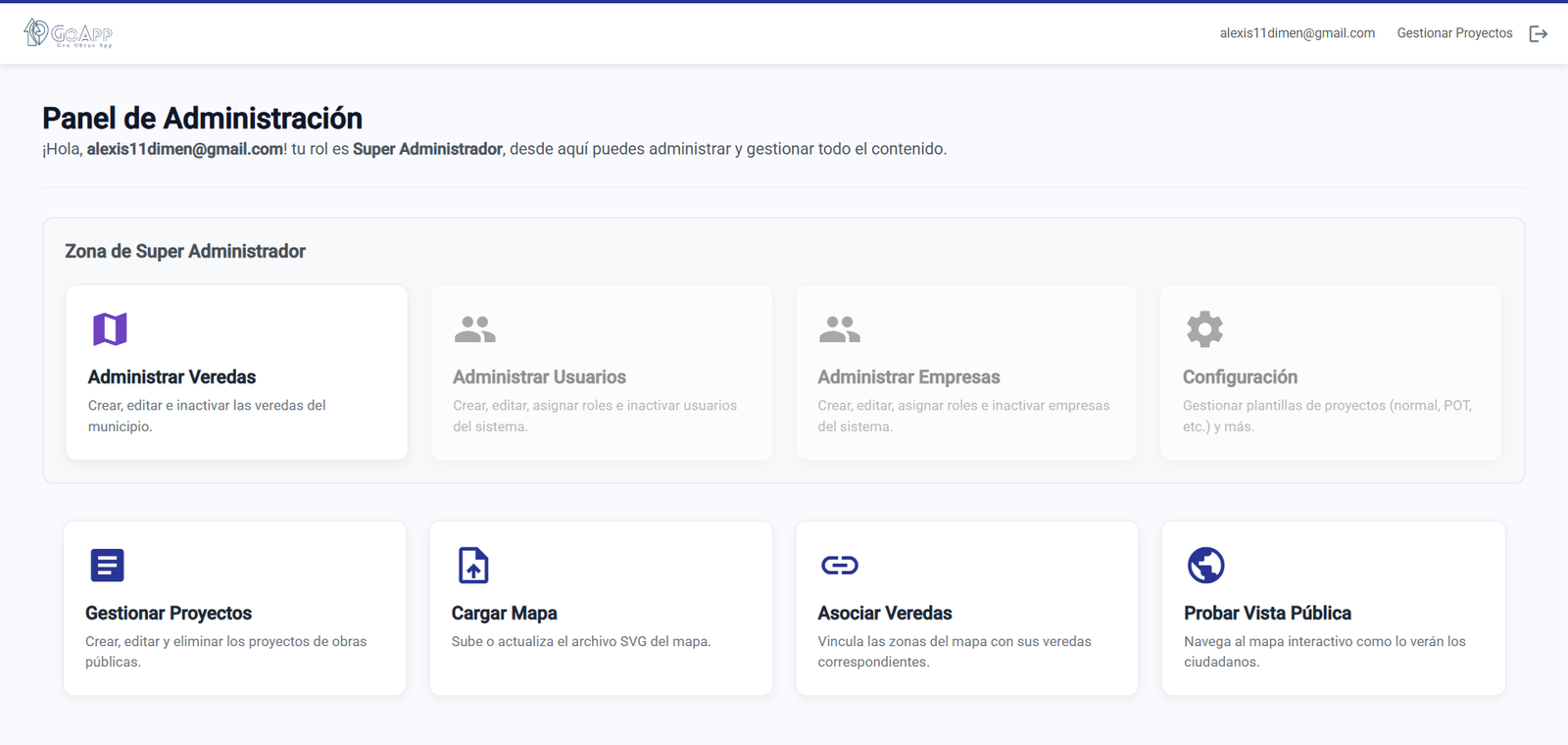 Captura de pantalla de la aplicación GeoObrasApp mostrando el mapa del municipio
